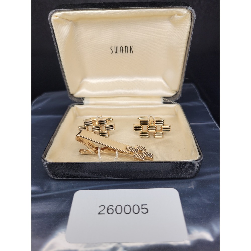 Swank Cufflink and Tie Clip Set Gold Tone Geometric Textured Design with Box